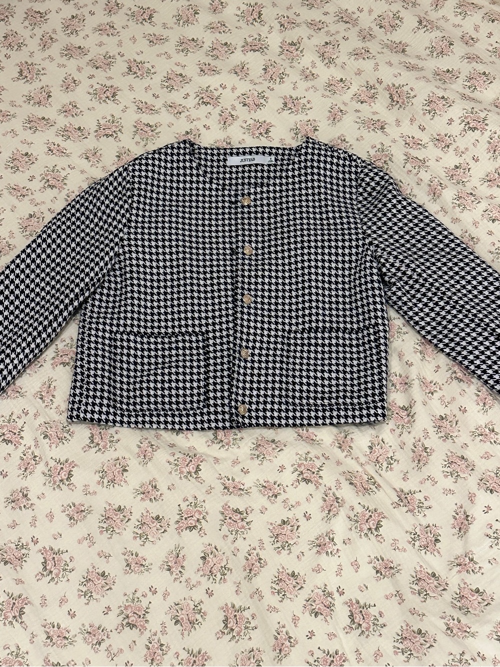 JustFab Black & White Houndstooth Cropped Blazer